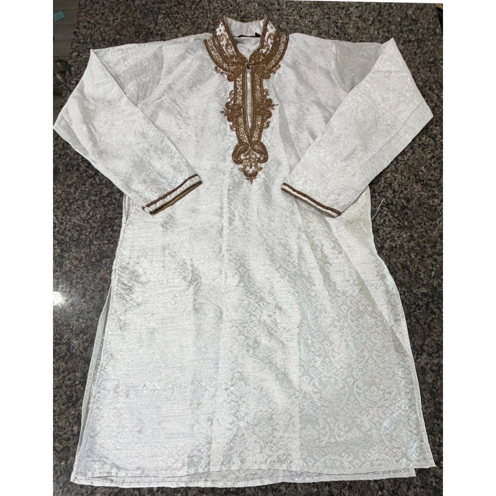 Vastra Womens White Gold Beaded Embroidered Jacquard Kurta Tunic Top Size 36